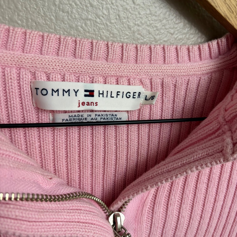 y2k Tommy Hilfiger Jeans Pink Ribbed Quarter Zip Sweater Large Preppy Coquette - Picture 2 of 8